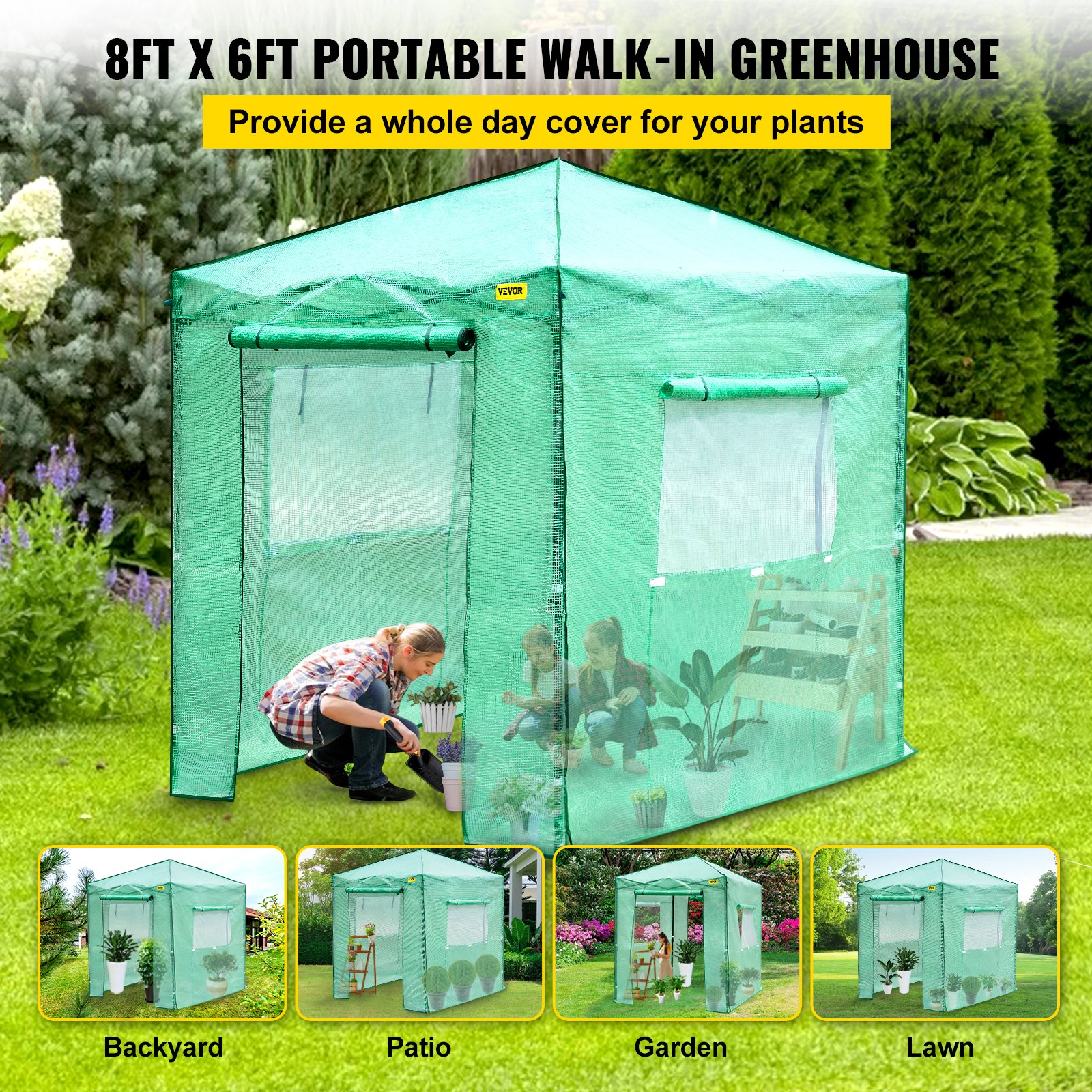 VEVOR 8'x 6'x 8' Pop-Up Greenhouse, Set Up in Minutes, Portable Greenhouse with Doors & Windows. High Strength PE Cover & Powder-Coated Steel Construction