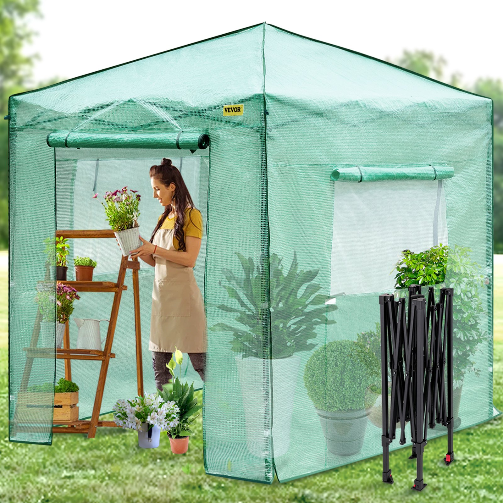 VEVOR 8'x 6'x 8' Pop-Up Greenhouse, Set Up in Minutes, Portable Greenhouse with Doors & Windows. High Strength PE Cover & Powder-Coated Steel Construction