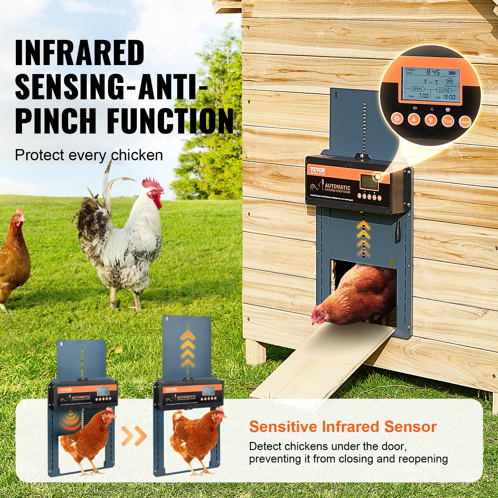 VEVOR Automatic Chicken Coop Door, Auto Chicken Door Opener with Timer & Light Sensor Aluminum Chicken Coops Door with Remote Control and LCD screen, 4 Modes Opening, Battery or DC Powered