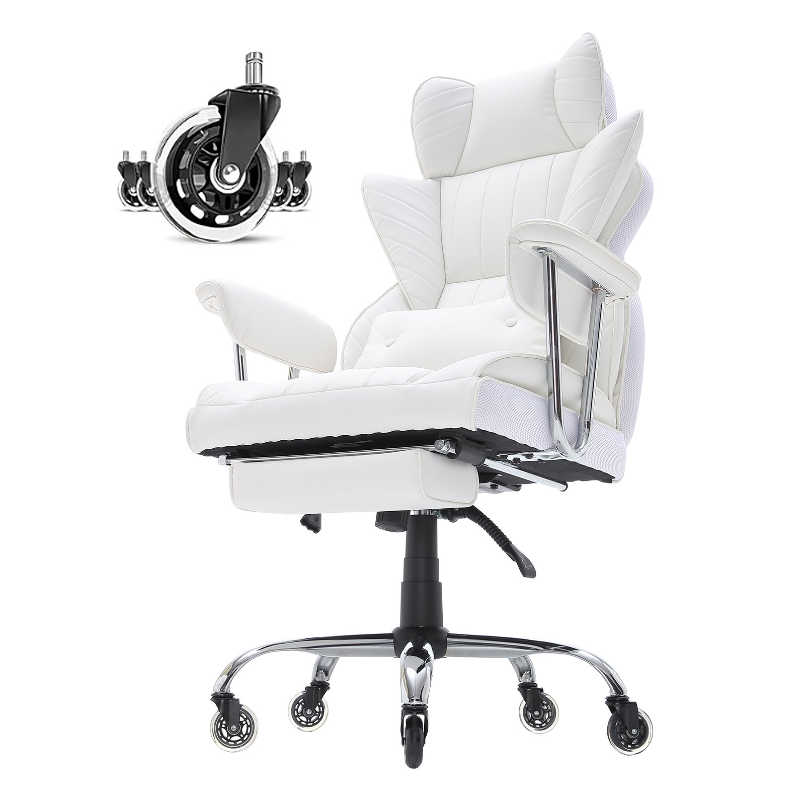 VEVOR Reclining Office Chair with Footrest, Heavy Duty PU Leather Wide Office Chair, Big and Tall Executive Office Chairs with Lumbar Support, Strong Metal Base Quiet Wheels, White