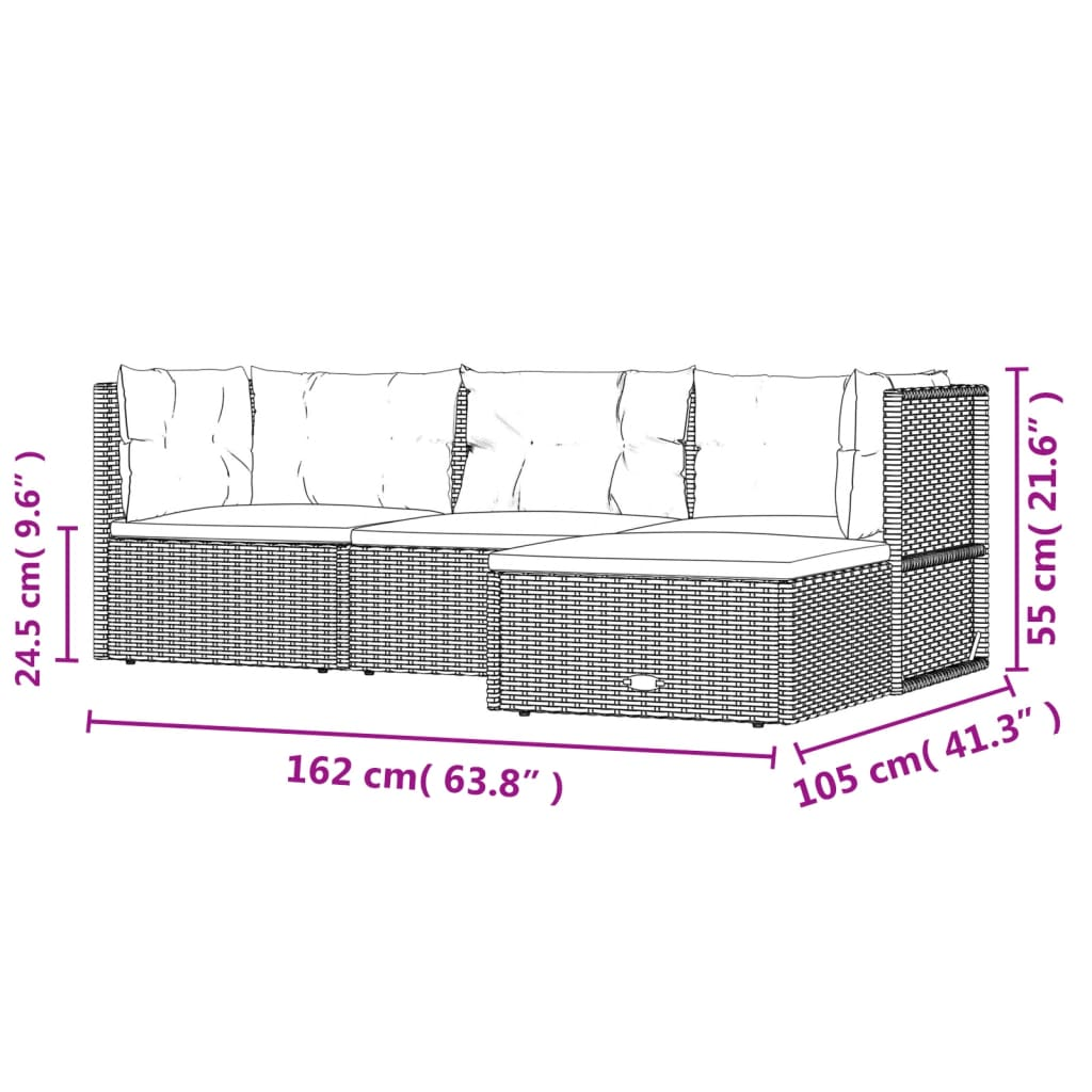 vidaXL 4 Piece Patio Lounge Set with Cushions Gray Poly Rattan