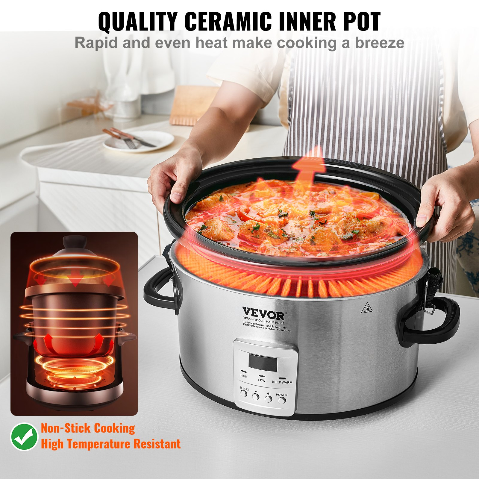 VEVOR Slow Cooker, 6QT 240W Electric Slow Cooker Pot with 3-Level Heat Settings, Digital Slow Cookers with 20 Hours Max Timer, Locking Lid, Ceramic Inner Pot for Home/Commercial Use