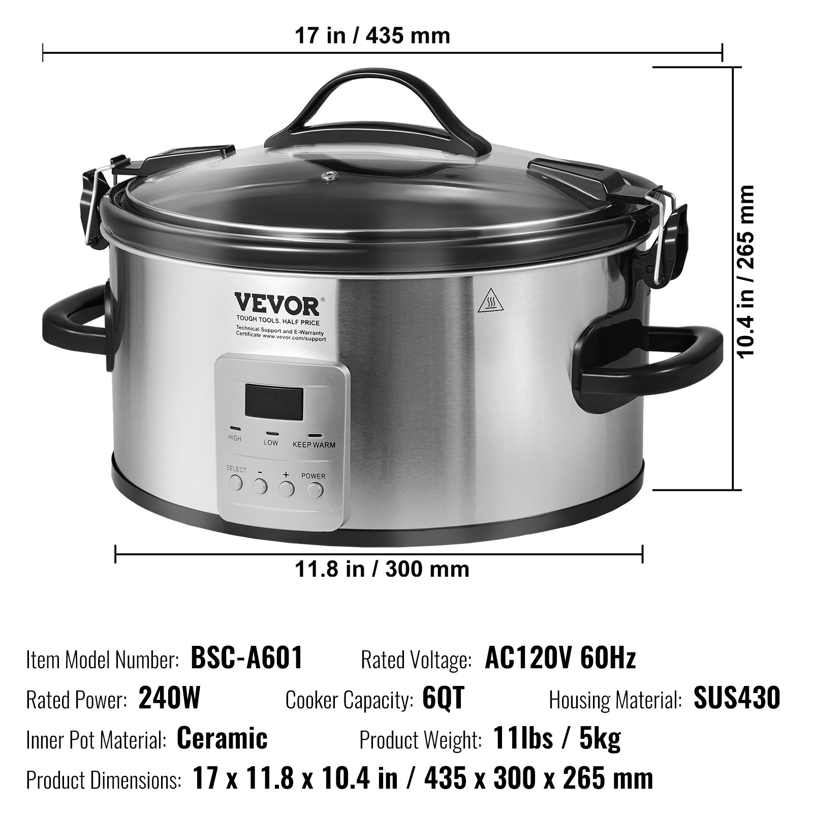 VEVOR Slow Cooker, 6QT 240W Electric Slow Cooker Pot with 3-Level Heat Settings, Digital Slow Cookers with 20 Hours Max Timer, Locking Lid, Ceramic Inner Pot for Home/Commercial Use