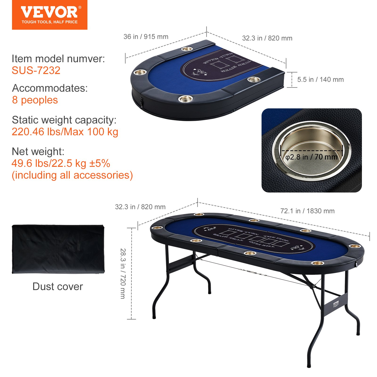 VEVOR 8 Player Foldable Poker Table, Blackjack Texas Holdem Poker Table with Padded Rails and Stainless Steel Cup Holders, Portable Folding Card Board Game Table, 72" Oval Casino Leisure Table, Blue