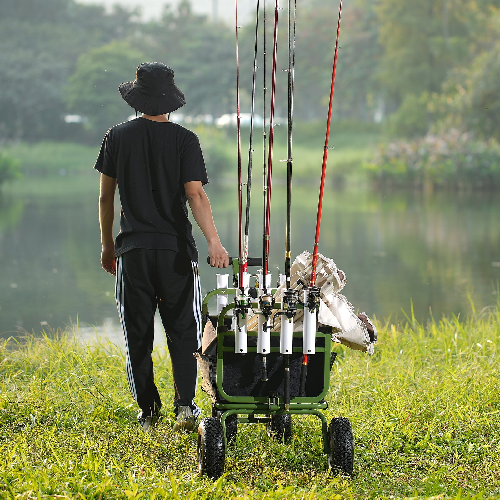 VEVOR Beach Fishing Cart, 300 lbs Load Capacity, Foldable Fish and Marine Cart with Four 11" Big Wheels Rubber Balloon Tires for Sand, Heavy-Duty Steel Pier Wagon Trolley with 8 Rod Holders for Picnic