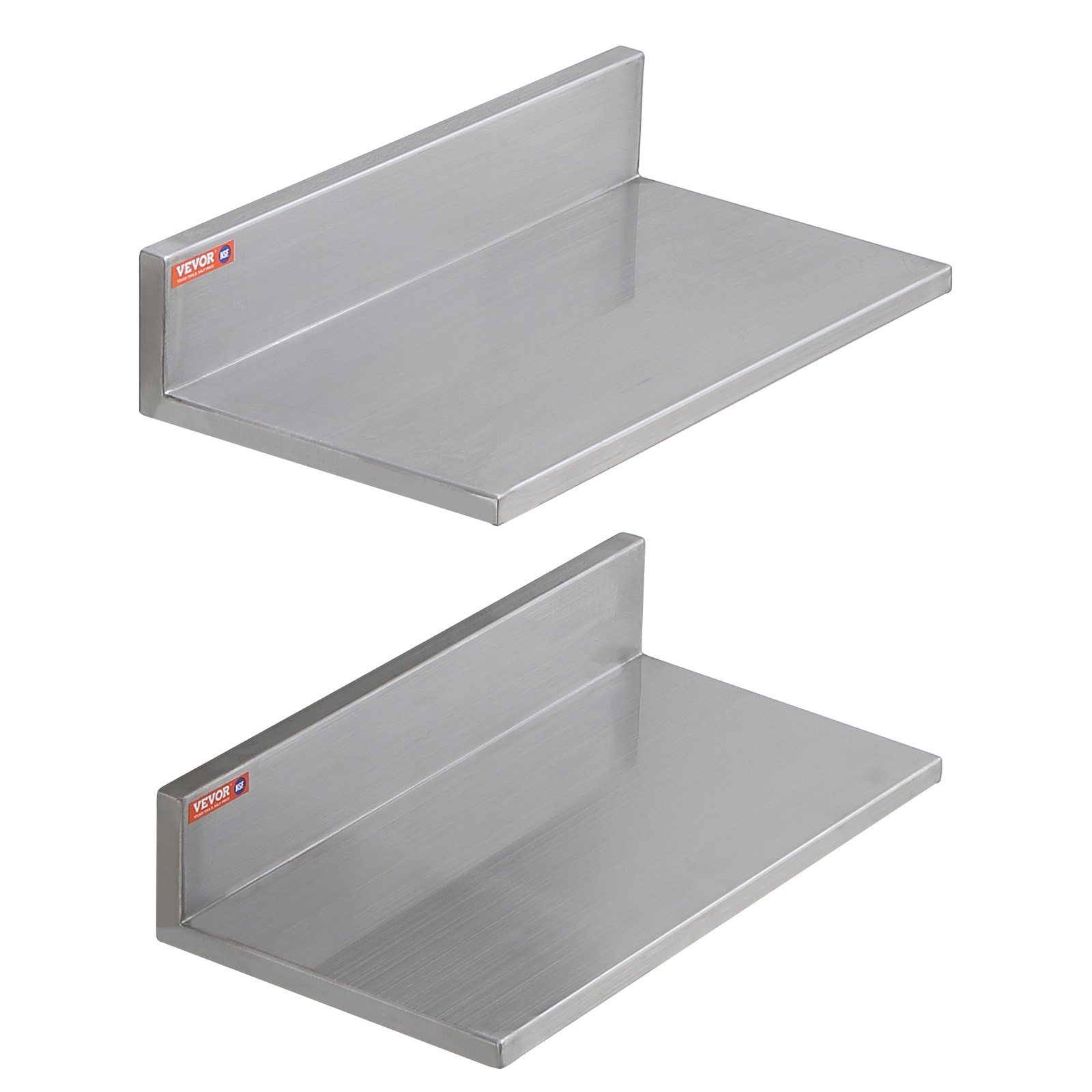 VEVOR 8.6" x 16" Stainless Steel Shelf, Wall Mounted Floating Shelving with Backsplash, 44 lbs Load Capacity Commercial Shelves, Heavy Duty Storage Rack for Restaurant, Kitchen, Bar, Home, and Hotel (2 Packs)