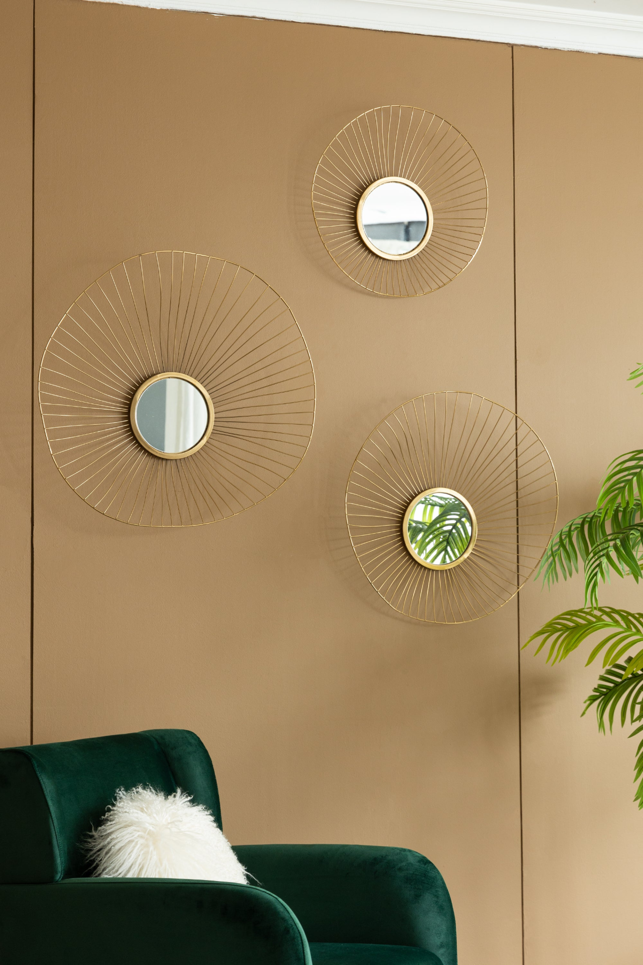 Set of 3 Wall Mirror Abstract designed Wall mirrors with Gold Frame for Home & Office,Top of Sideboard