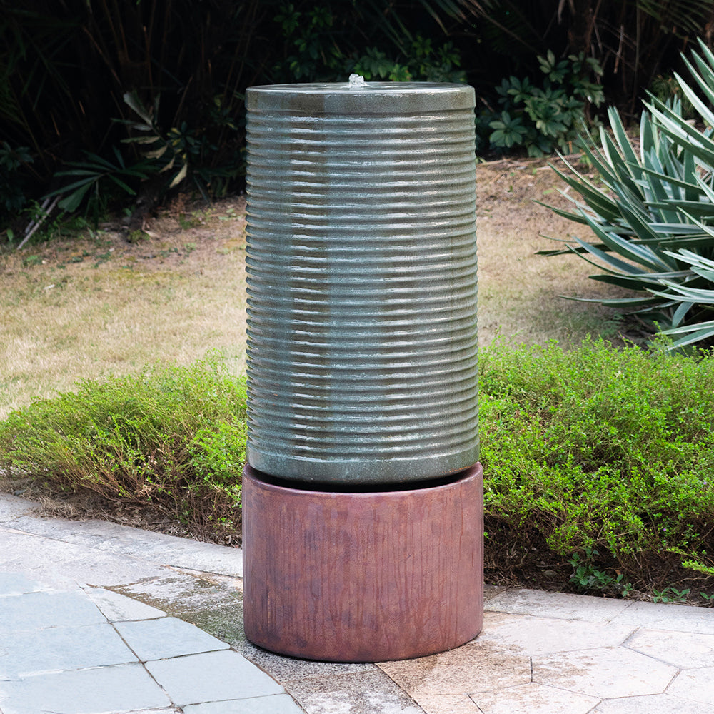 44" Tall Large Modern Cylinder Ribbed Tower Water Fountain With Rustic Base, Contemporary Antique Green Copper Finish Outdoor Bird Feeder / Bath Cement Fountain