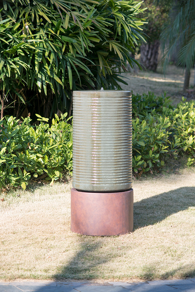 44" Tall Large Modern Cylinder Ribbed Tower Water Fountain With Rustic Base, Contemporary Antique Green Copper Finish Outdoor Bird Feeder / Bath Cement Fountain