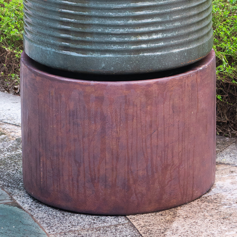 44" Tall Large Modern Cylinder Ribbed Tower Water Fountain With Rustic Base, Contemporary Antique Green Copper Finish Outdoor Bird Feeder / Bath Cement Fountain