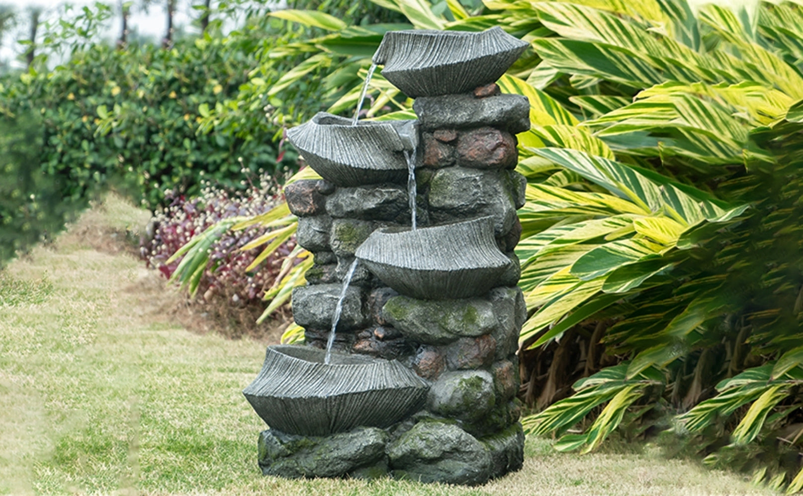 19x15x31.5" Indoor Outdoor Stone Water Fountain,  4-Tier Polyresin Cascading Rock Bowl Freestanding Fountain with LED Ligh