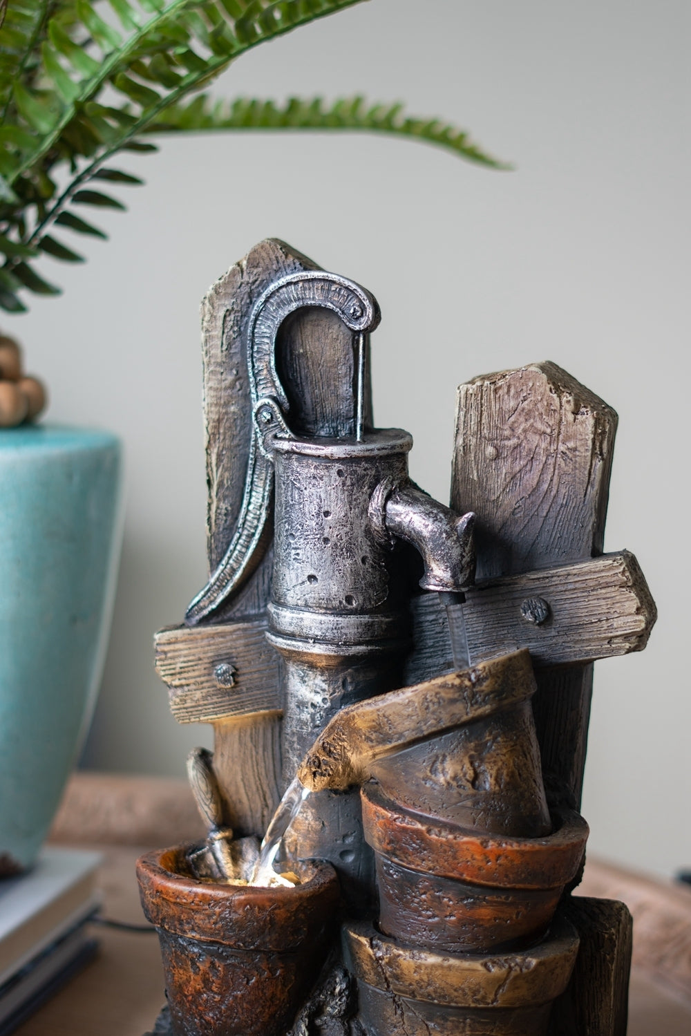 7.7x3.9x13.6" Brown and Gray Water Fountain with Antique Water Pump Design and LED Light