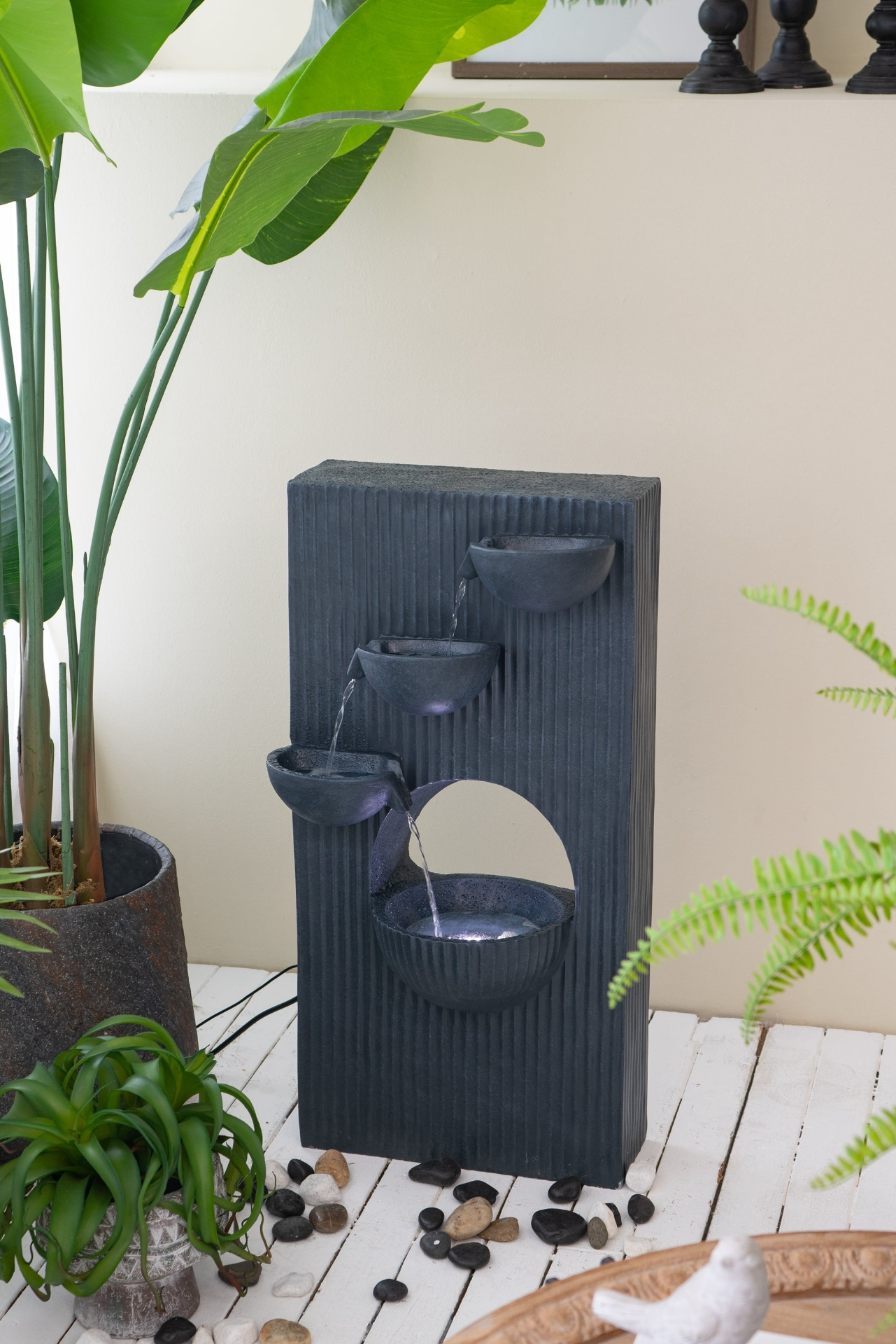 16.5x9.8x31.9" Decorative 4 Tier Minimalist Water Fountain with Light for Indoor Outdoor, Black