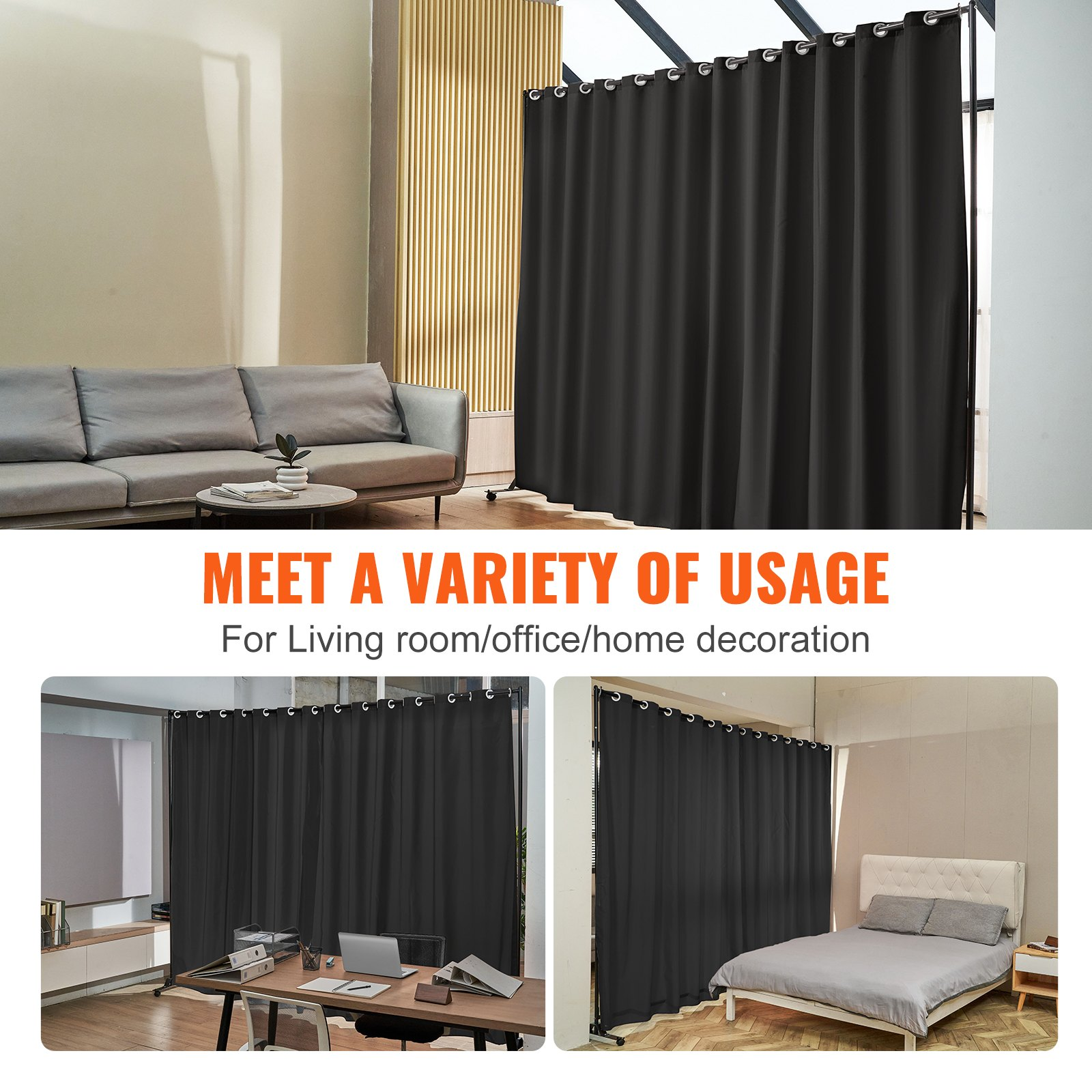 VEVOR Room Divider, 8 ft x 10 ft Portable Panel Room Divider with Wheels Curtain Divider Stand, Room Divider Privacy Screen for Office, Bedroom, Dining Room, Study, Black