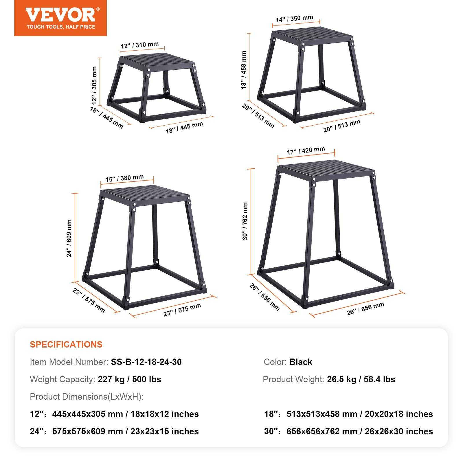 VEVOR Plyometric Jump Boxes, 12/18/24/30 Inch Plyo Box, Platform and Jumping Agility Box, Anti-Slip Fitness Exercise Step Up Box Set for Home Gym Training, Conditioning Strength Training, Black