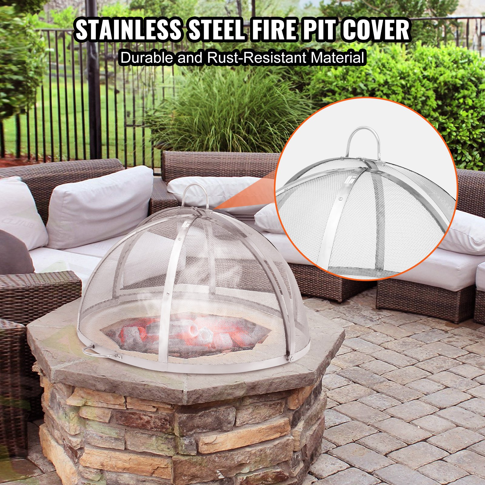 VEVOR Firepit Spark Screen Lid, 36" Diameter, Outdoor Firepit Ring Cover Round Accessories, Fire Pit Metal Cover, Easy-Opening Stainless Steel Fire Ring Covers for Outdoor Patio Fire Pits Backyard