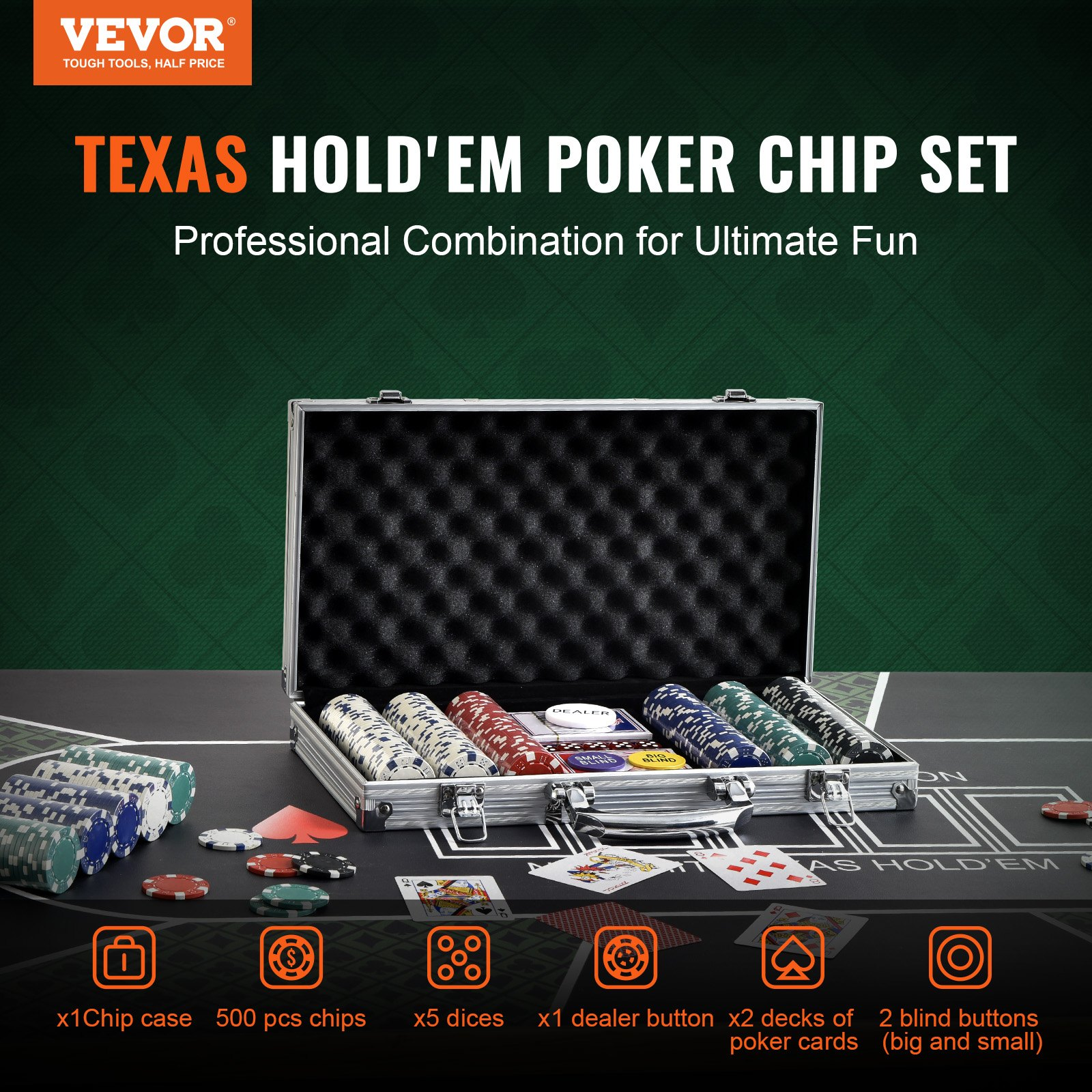 VEVOR Poker Chip Set, 500-Piece Poker Set, Complete Poker Playing Game Set with Aluminum Carrying  Case, 11.5 Gram Casino Chips, Cards, Buttons and Dices, for Texas Hold'em, Blackjack, Gambling