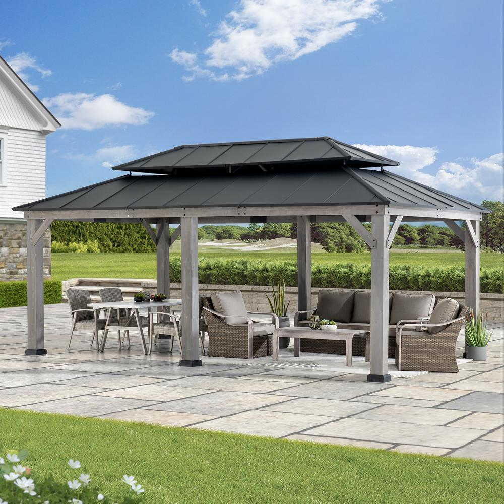 Wood Gazebo, Outdoor Patio Steel Hardtop Gazebo, Cedar Framed Wooden Gazebo