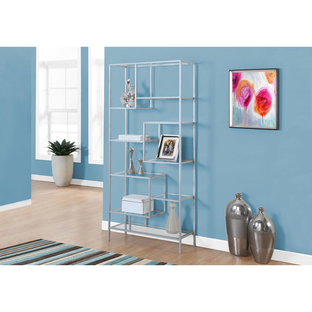 Bookshelf, Bookcase, Etagere, 72H, Office, Bedroom, Clear Tempered Glass, Grey