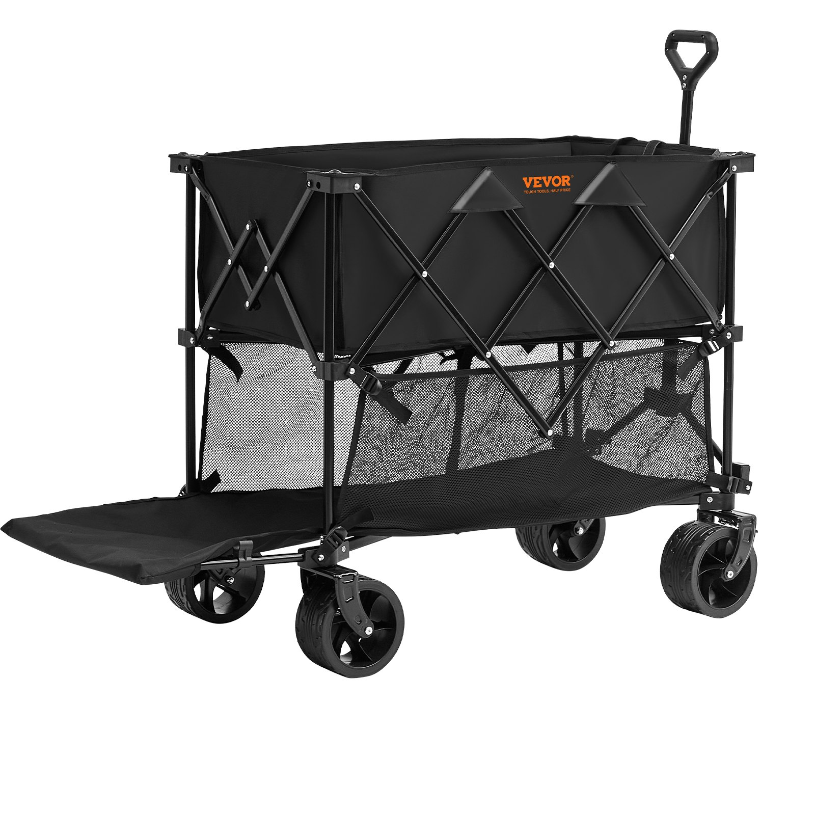 VEVOR Foldable Double Decker Wagon, 400L Collapsible Wagon Cart with All-Terrain Wheels, Heavy Duty Folding Wagon Cart 450 lbs Weight Capacity for Camping, Shopping, Garden, 52" Extra Long Extender