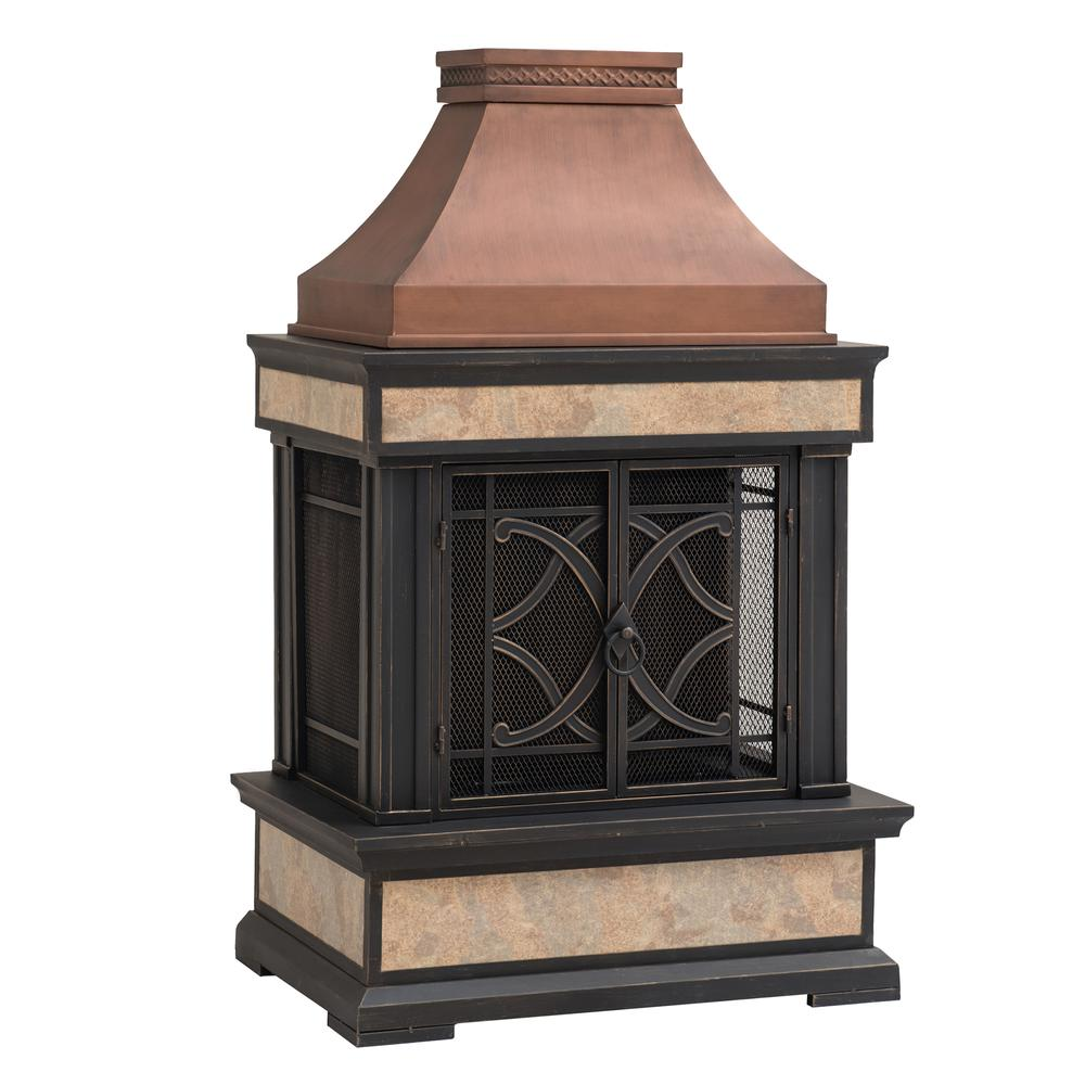 Smith Collection Outdoor Patio Wood Burning Steel Fireplace with Chimney