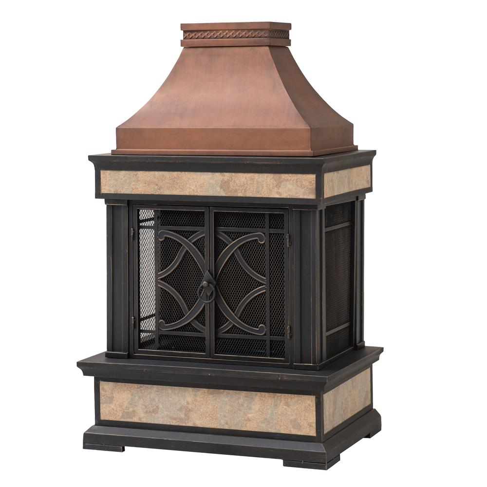 Smith Collection Outdoor Patio Wood Burning Steel Fireplace with Chimney