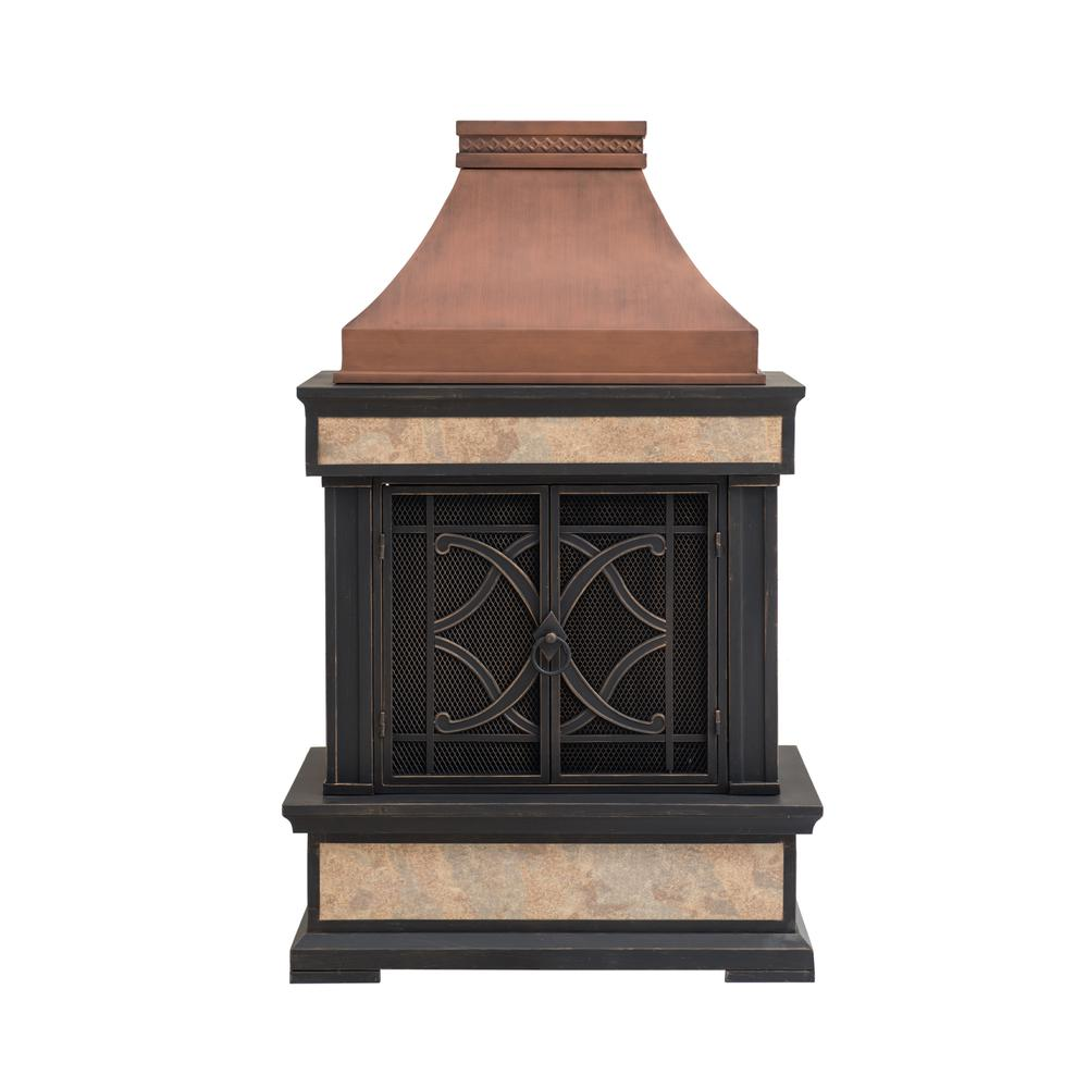 Smith Collection Outdoor Patio Wood Burning Steel Fireplace with Chimney