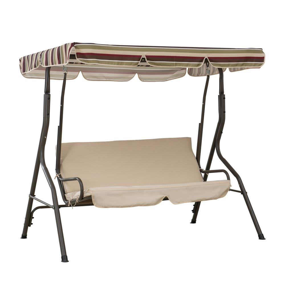 Sunjoy Tan Striped Covered 2-Seat Swing with Tilt Canopy