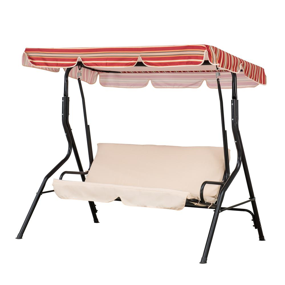 Sunjoy Tan and Red Striped Covered 2 Seatt Swing with Tilt Canopy