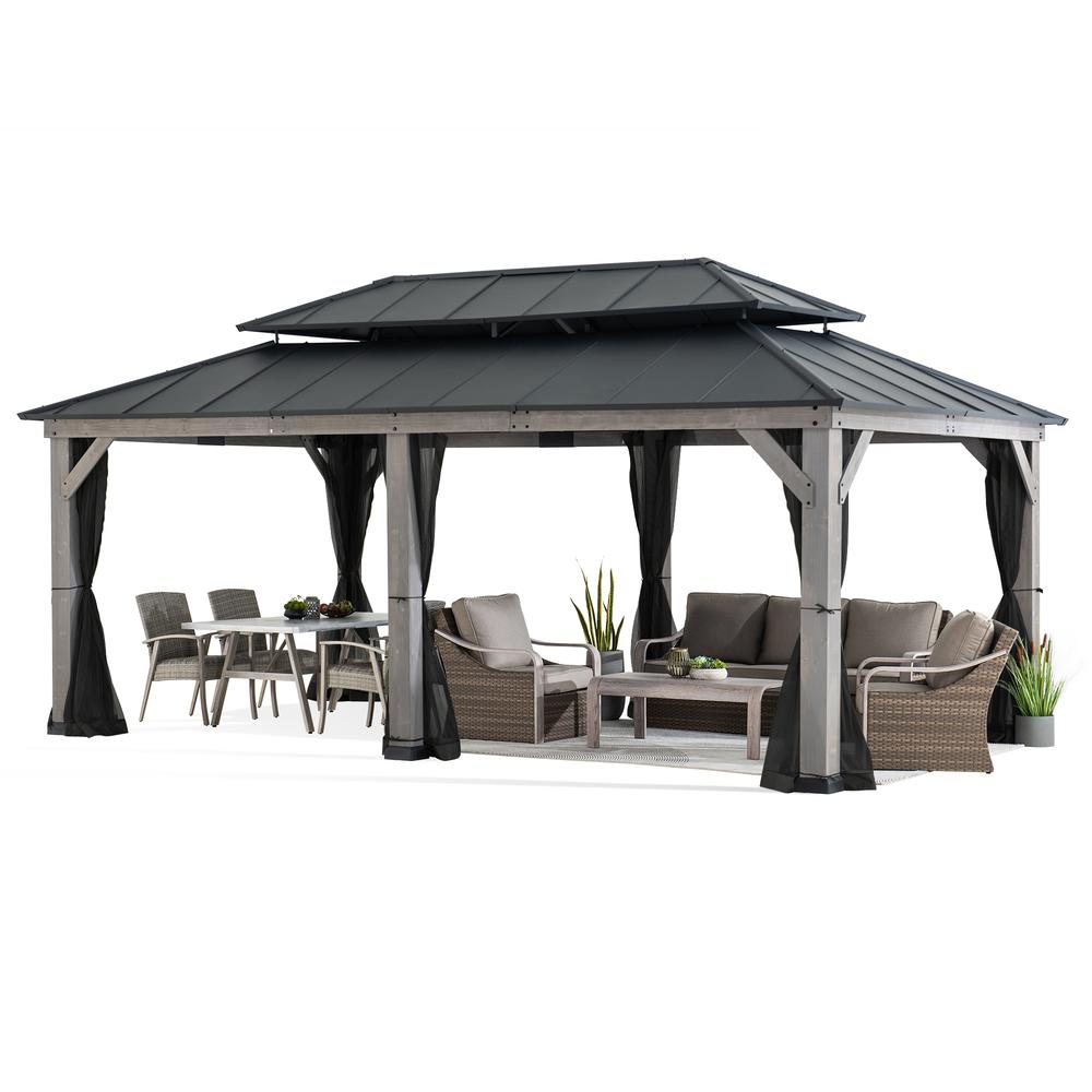 Wood Gazebo, Outdoor Patio Steel Hardtop Gazebo, Cedar Framed Wooden Gazebo