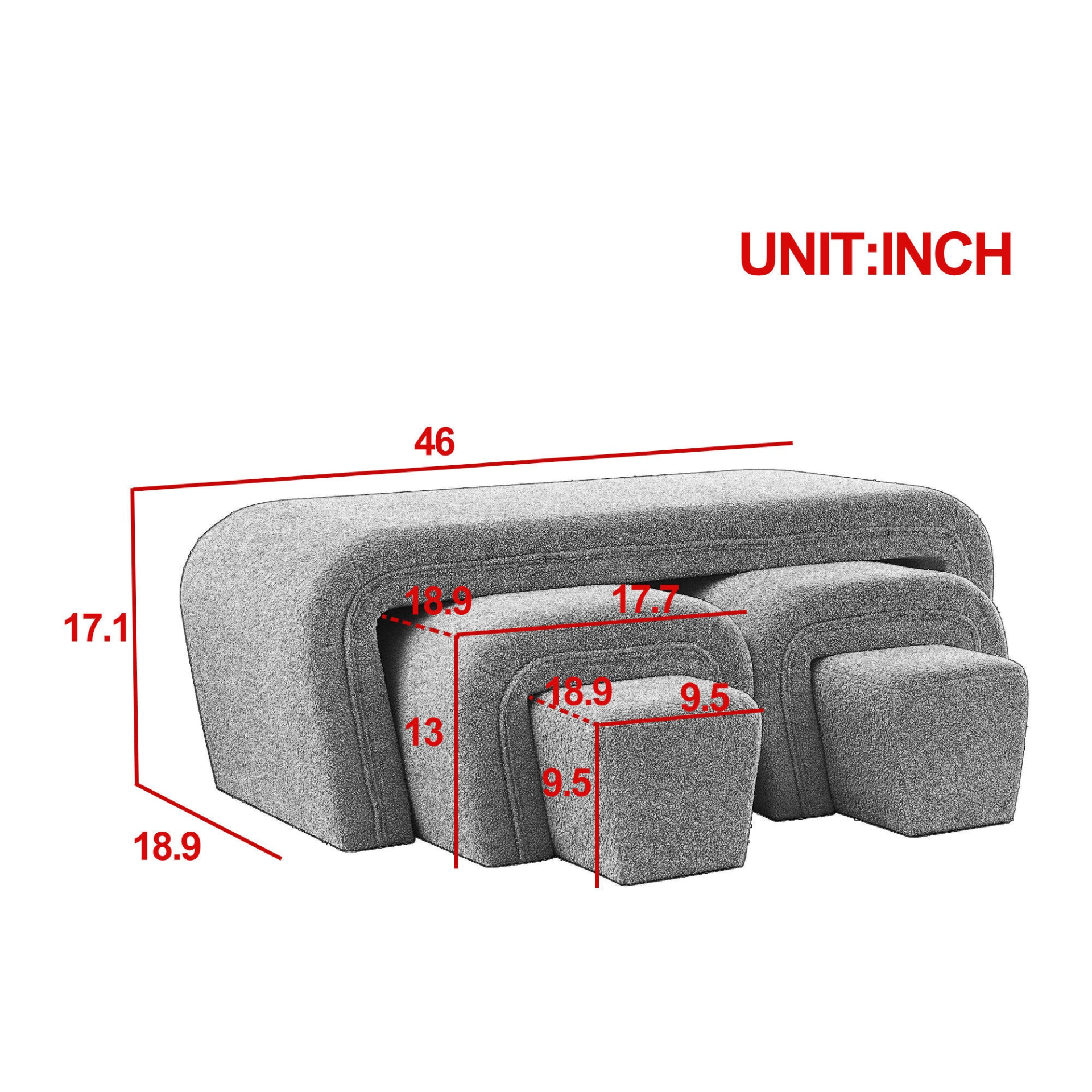 46" W Modern Contemporary Upholstered Nesting Bench, including Four nesting benches, teddy