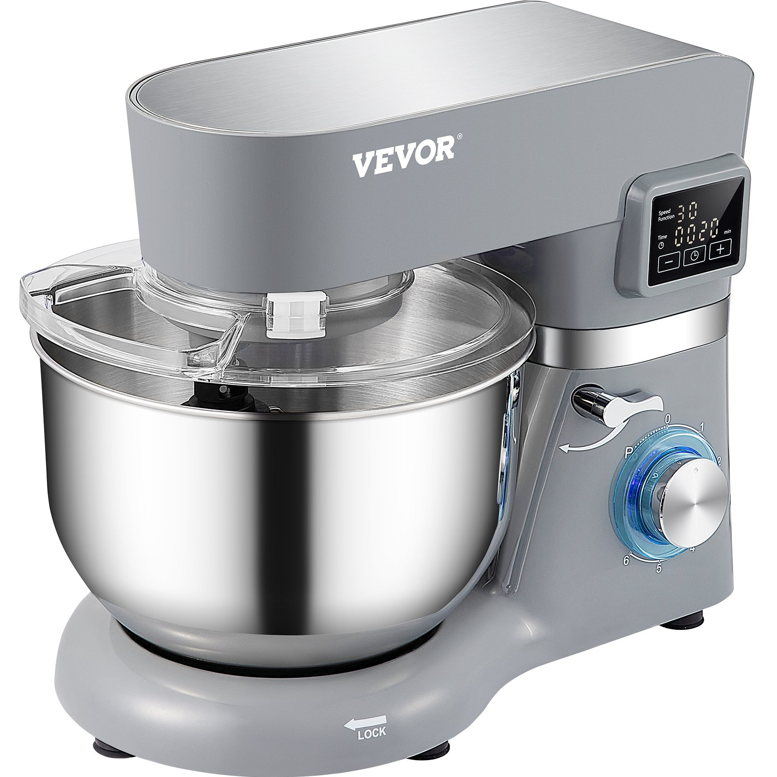 VEVOR Stand Mixer, 660W Electric Dough Mixer with 6 Speeds LCD Screen Timing, Tilt-Head Food Mixer with 5.8 Qt Stainless Steel Bowl, Dough Hook, Flat Beater, Whisk, Scraper, Splash-Proof Cover - Gray