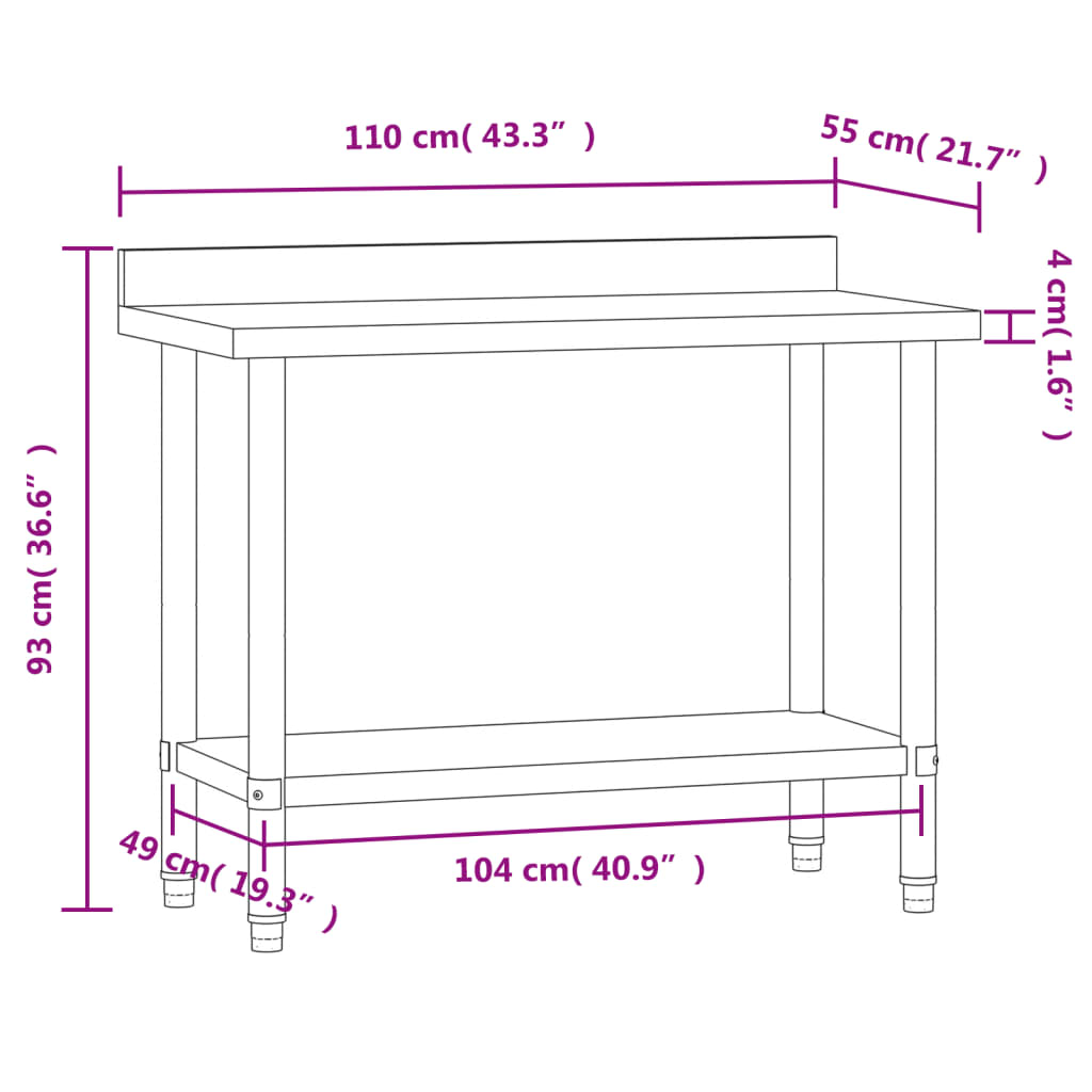 vidaXL Kitchen Work Table with Backsplash 43.3"x21.7"x36.6" Stainless Steel