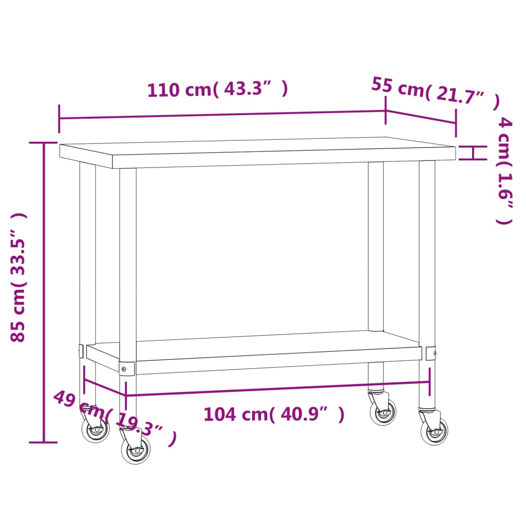 vidaXL Kitchen Work Table with Wheels 43.3"x21.7"x33.5" Stainless Steel