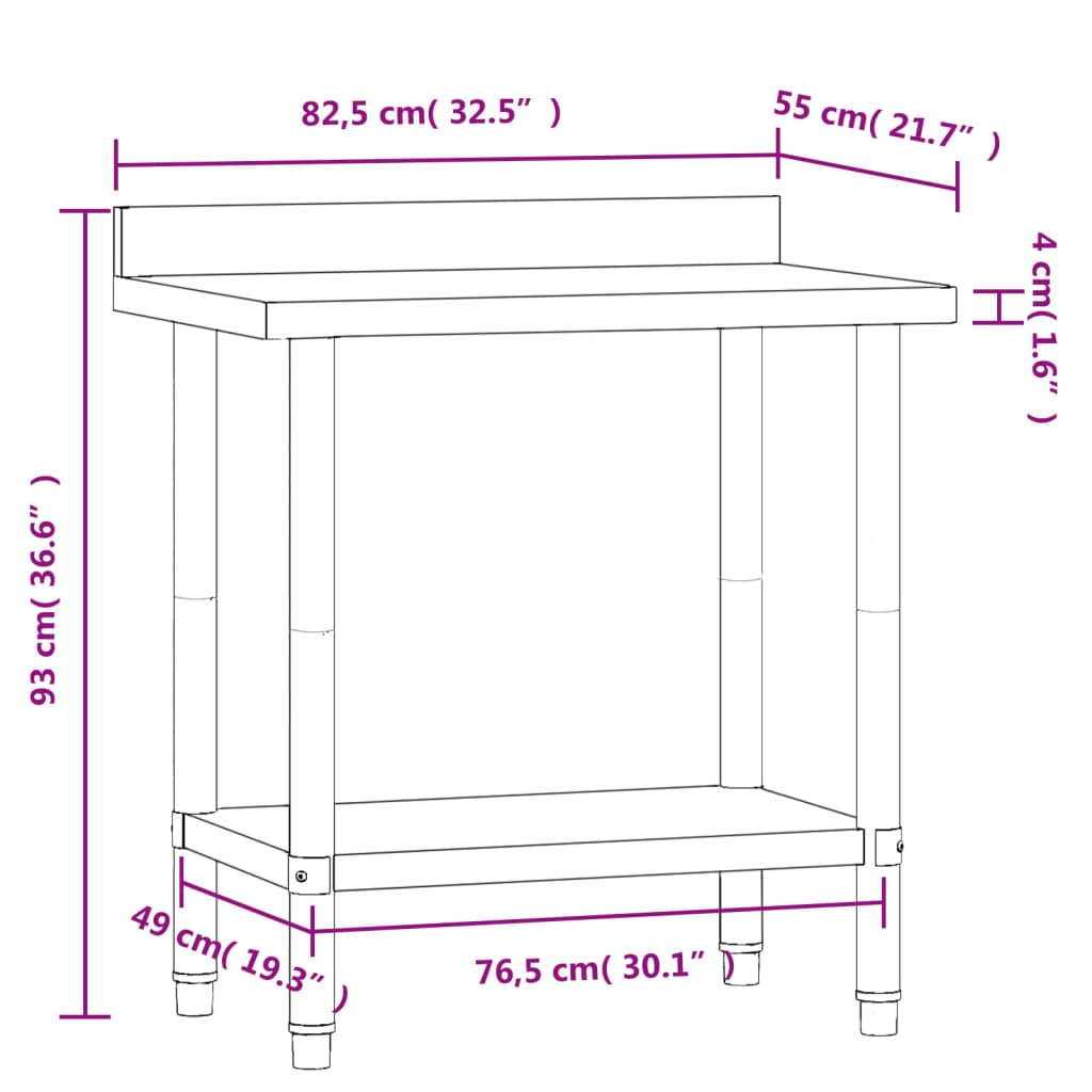 vidaXL Kitchen Work Table with Backsplash 32.5"x21.7"x36.6" Stainless Steel