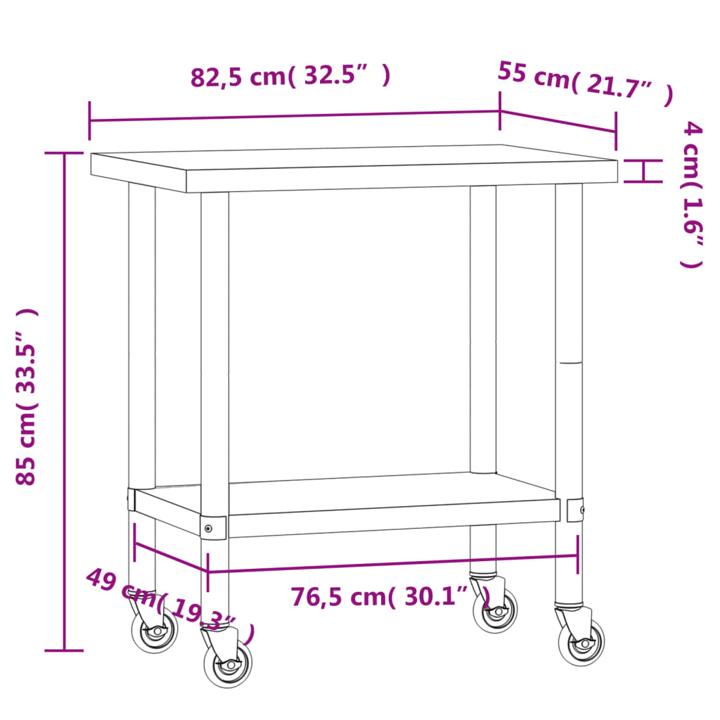 vidaXL Kitchen Work Table with Wheels 32.5"x21.7"x33.5" Stainless Steel