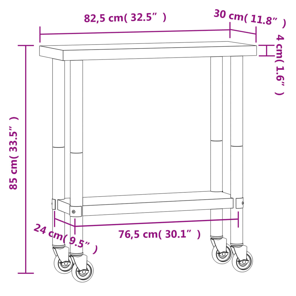 vidaXL Kitchen Work Table with Wheels 32.5"x11.8"x33.5" Stainless Steel