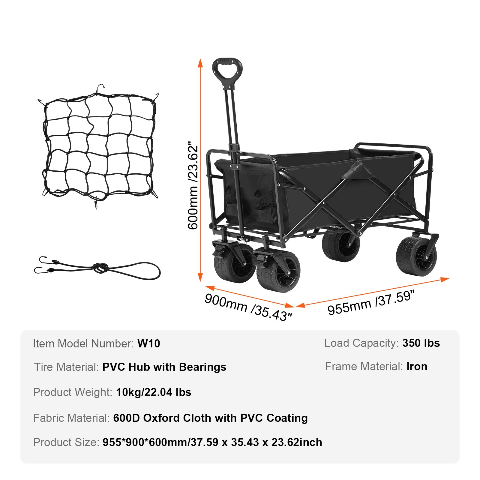 VEVOR Collapsible Folding Wagon, 3 cu.ft Beach Wagon Cart with All-Terrain Wheels, Heavy Duty Folding Wagon Cart 350 lbs Weight Capacity with Drink Holders, Sports Wagon for Camping, Shopping, Garden