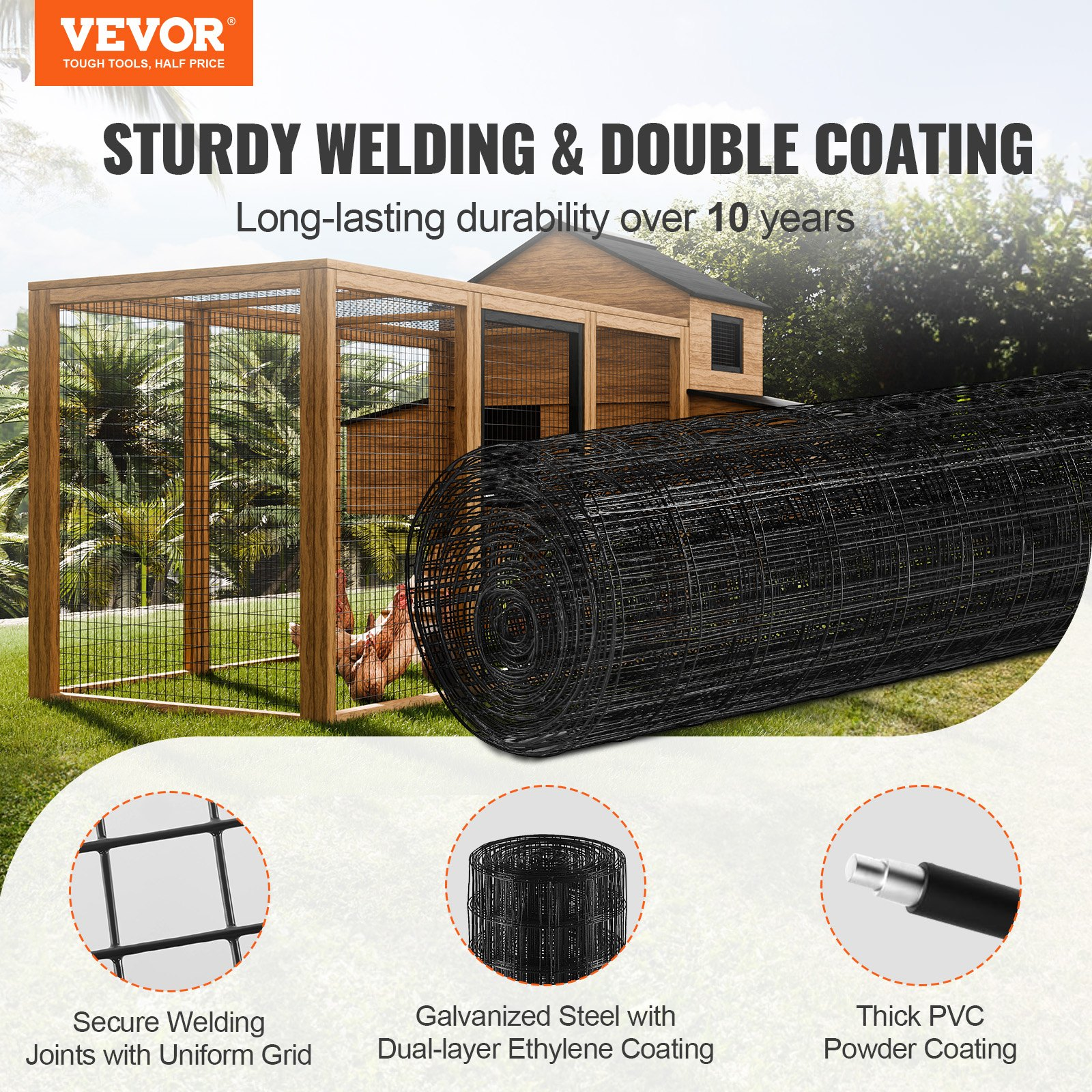 VEVOR Hardware Cloth, 48'' x 50' Galvanized Wire Mesh Roll, 16 Gauge Chicken Wire Fence Roll, Vinyl Coating Metal Wire Mesh for Chicken Coop Barrier, Rabbit Snake Fences, Poultry Enclosures