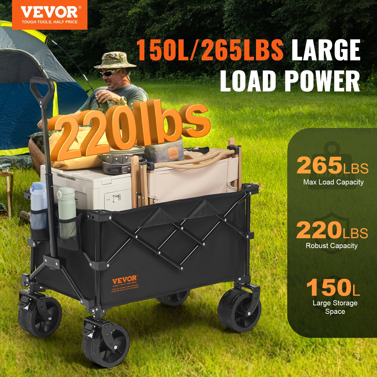 VEVOR Collapsible Folding Wagon, 150 L Beach Wagon Cart with All-Terrain Wheels, Heavy Duty Folding Wagon Cart Max 265 lbs with Drink Holders, Sports Wagon for Camping, Shopping, Garden