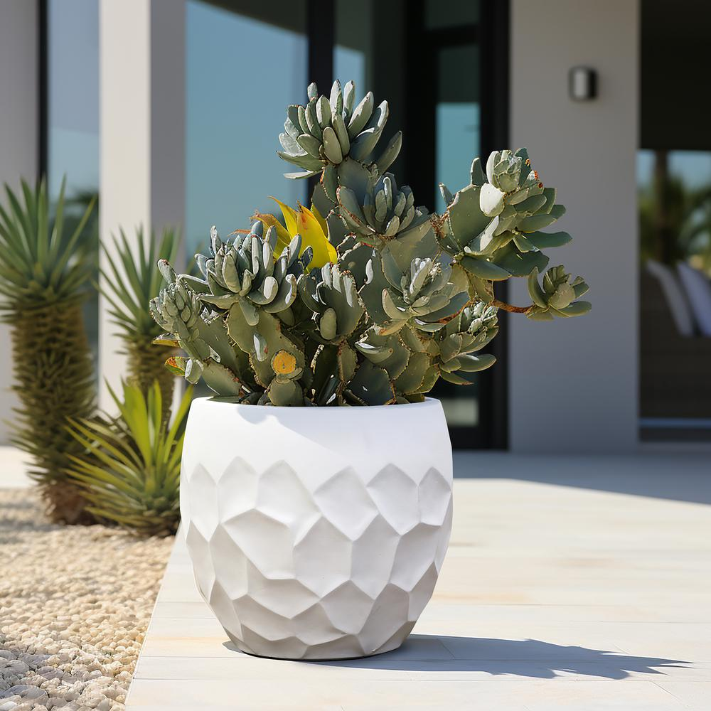 14.6-Inch Round White Geometric MgO Planter