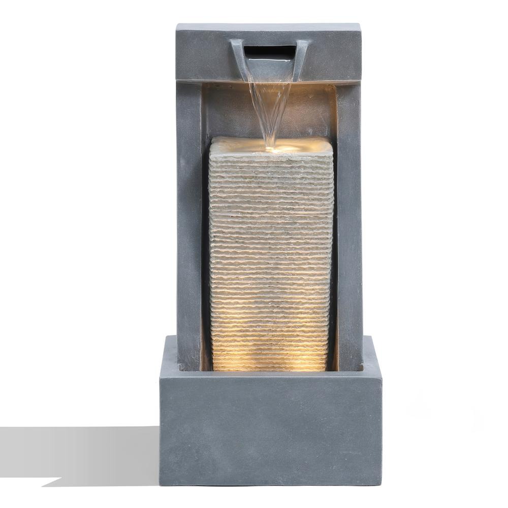 Gray Resin 2-Column Sculpture Outdoor Fountain with Lights