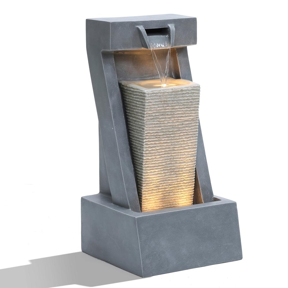 Gray Resin 2-Column Sculpture Outdoor Fountain with Lights