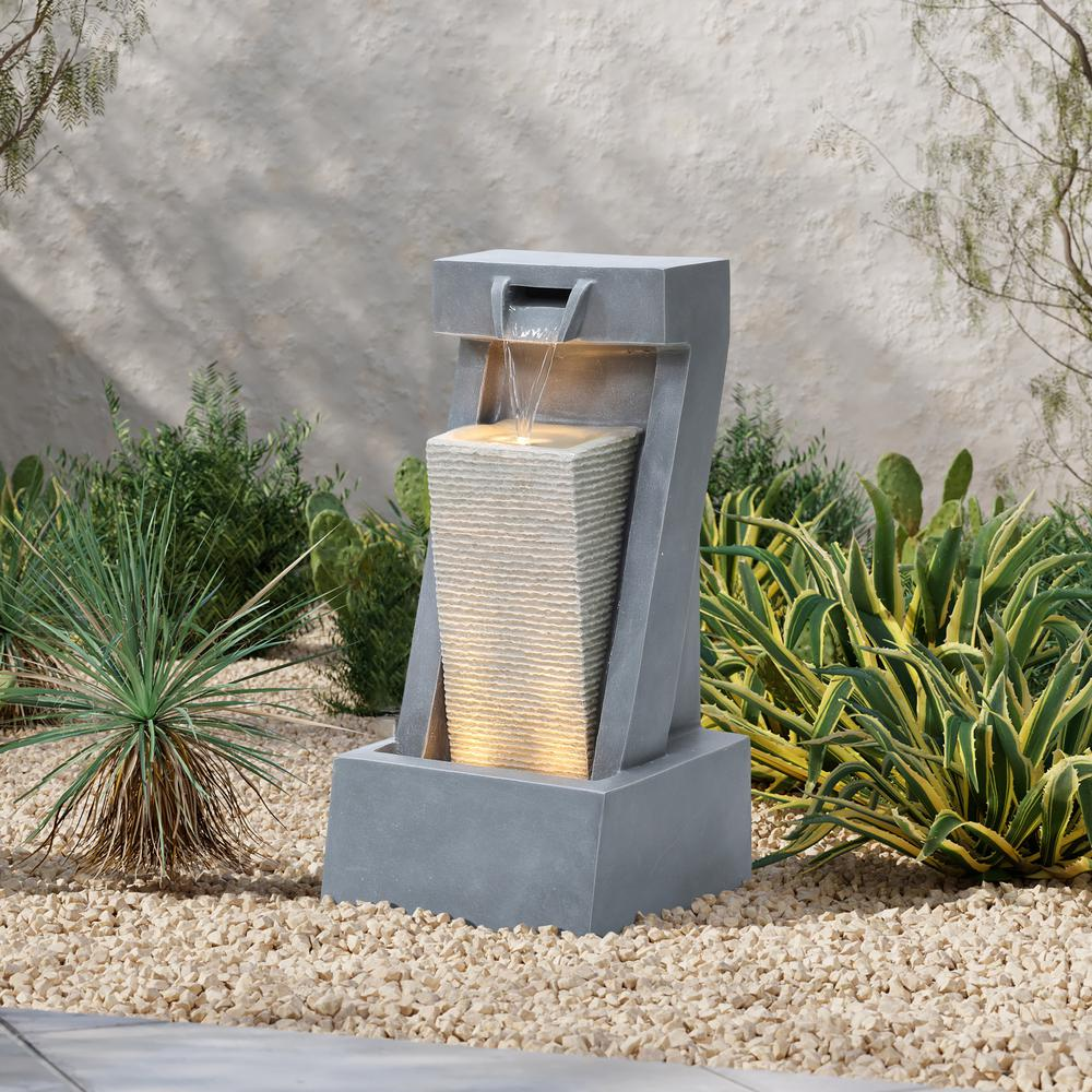 Gray Resin 2-Column Sculpture Outdoor Fountain with Lights