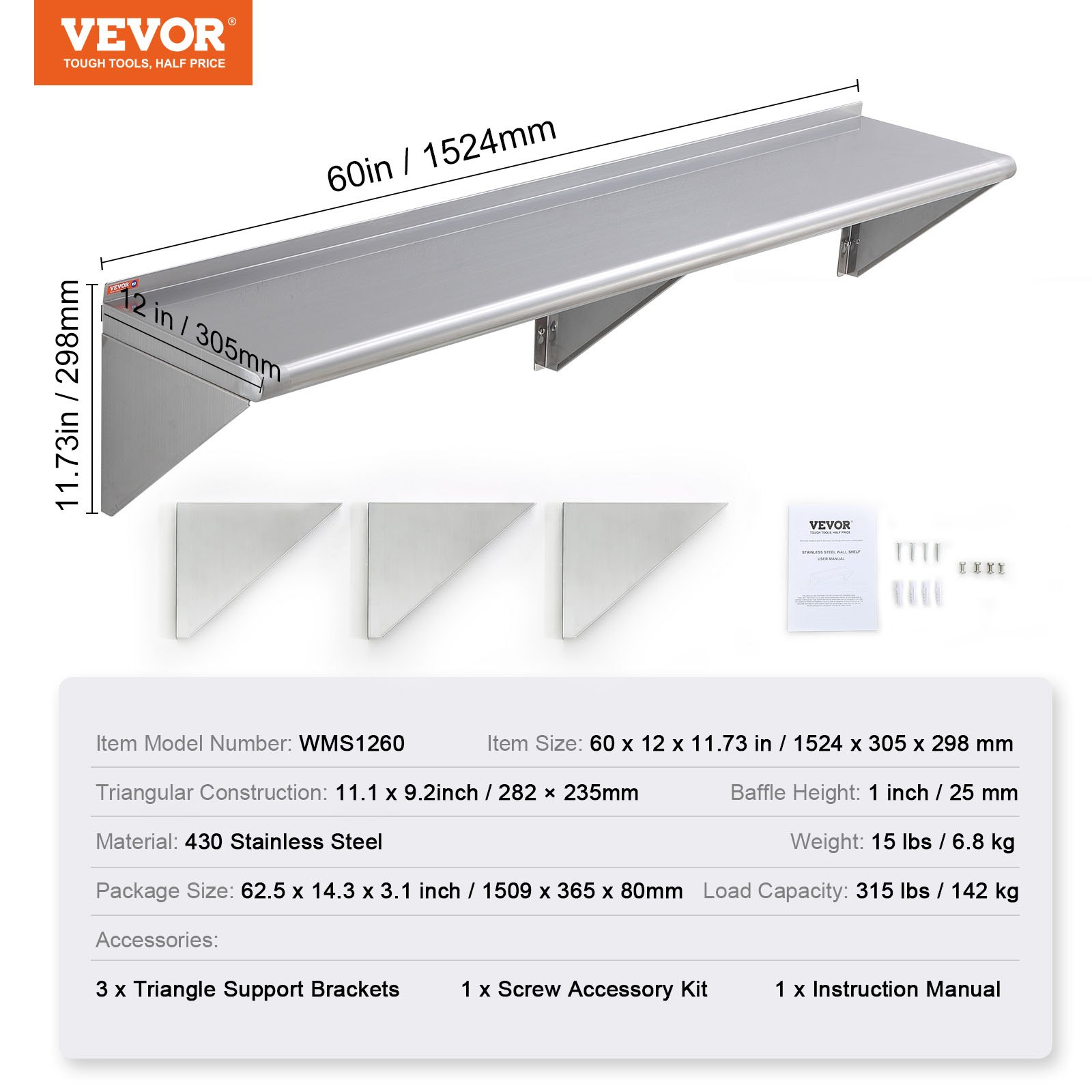 VEVOR 12" x 60" Stainless Steel Shelf, Wall Mounted Floating Shelving with Brackets, 315 lbs Load Capacity Commercial Shelves, Heavy Duty Storage Rack for Restaurant, Kitchen, Bar, Home, and Hotel