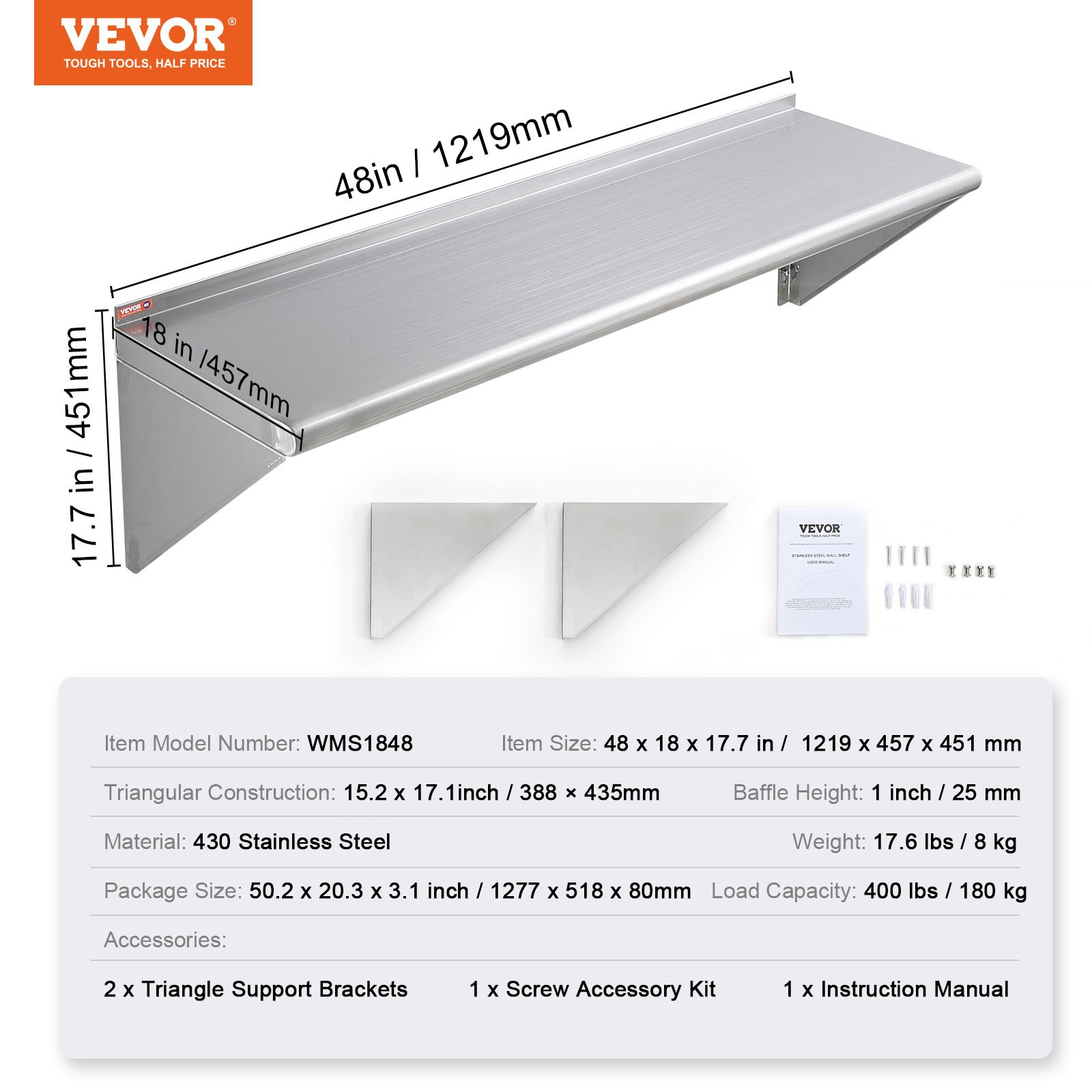 VEVOR 18" x 48" Stainless Steel Shelf, Wall Mounted Floating Shelving with Brackets, 400 lbs Load Capacity Commercial Shelves, Heavy Duty Storage Rack for Restaurant, Kitchen, Bar, Home, and Hotel