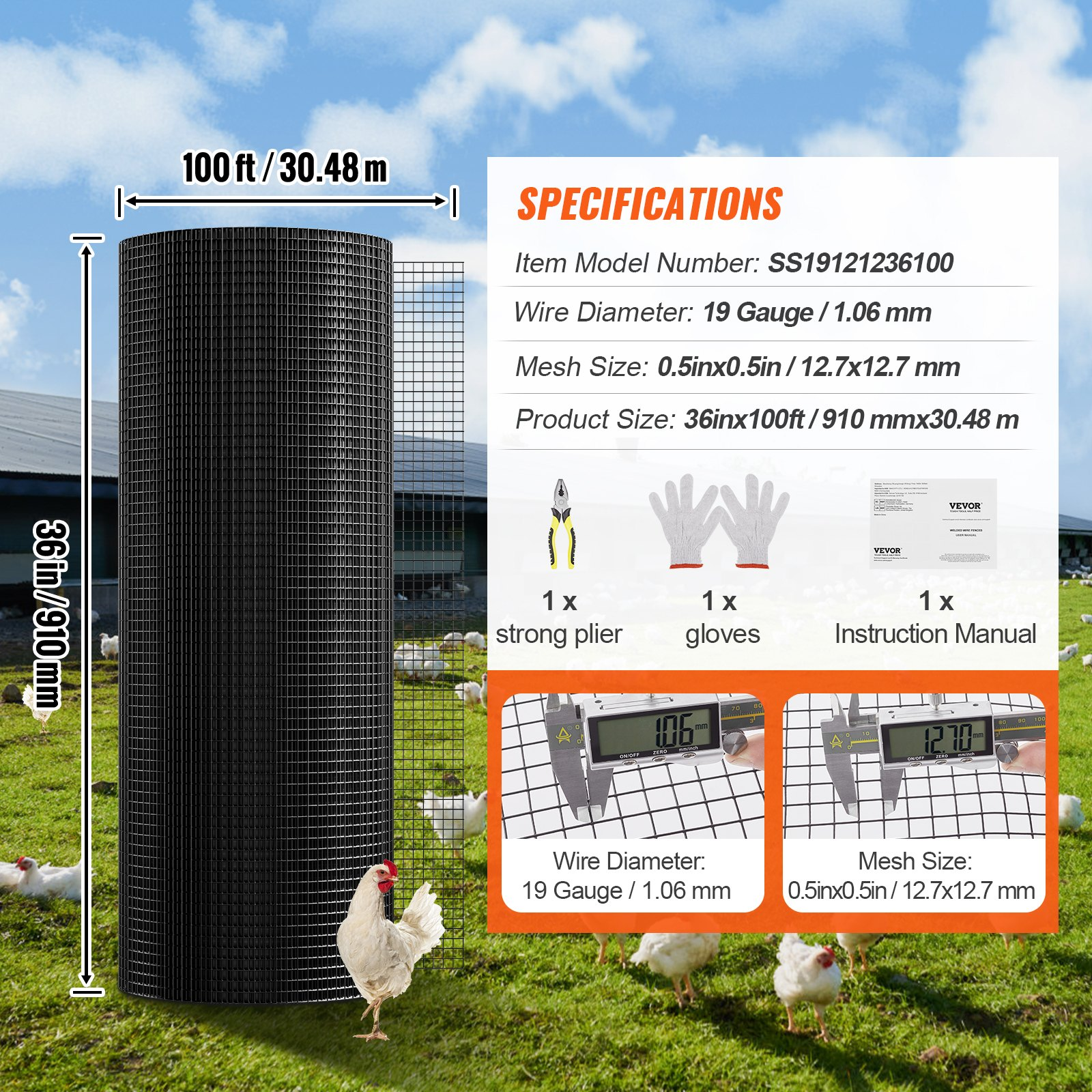 VEVOR Hardware Cloth, 36'' x 100' Galvanized Wire Mesh Roll, 19 Gauge Chicken Wire Fence Roll, Vinyl Coating Metal Wire Mesh for Chicken Coop Barrier, Rabbit Snake Fences, Poultry Enclosures