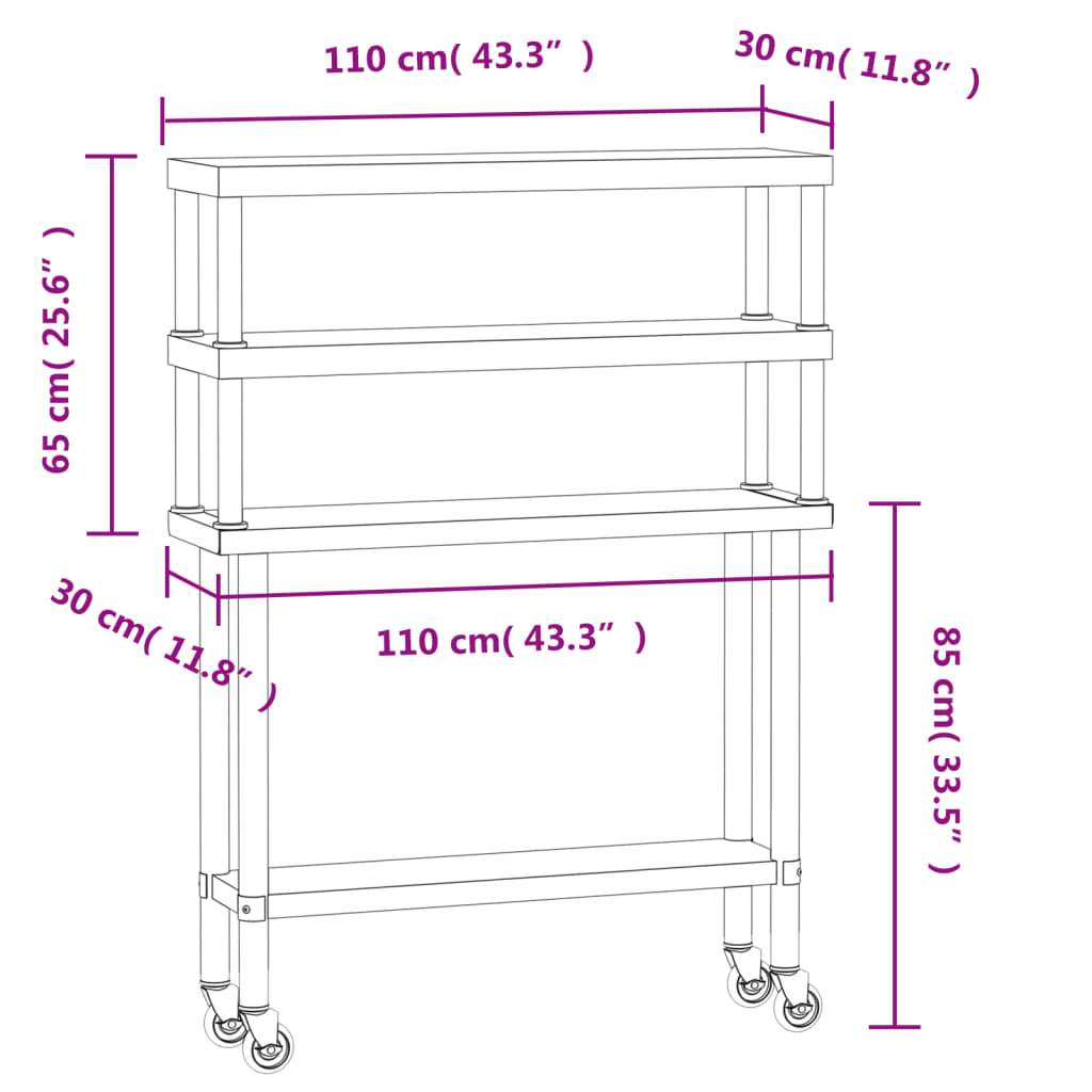 vidaXL Kitchen Work Table with Overshelf 43.3"x11.8"x59.1" Stainless Steel