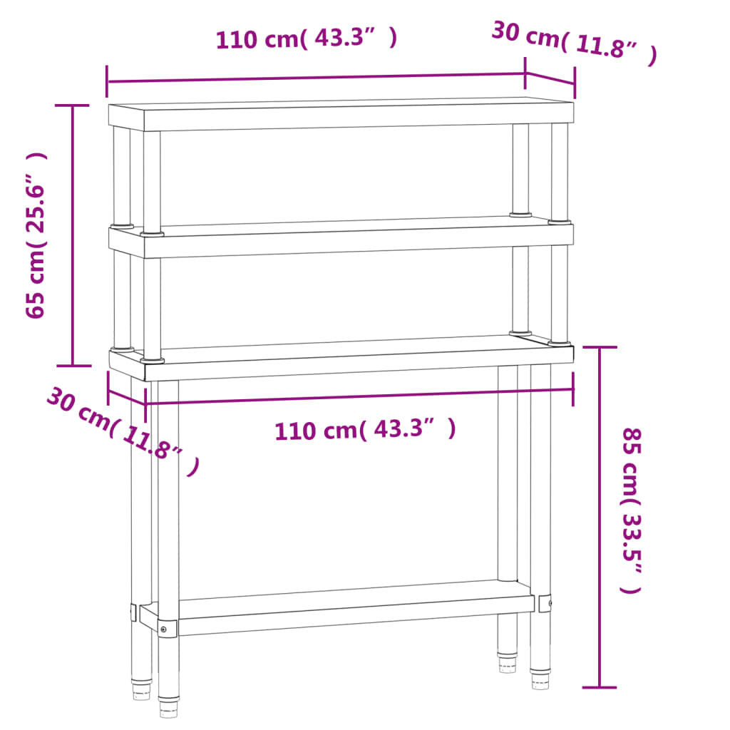 vidaXL Kitchen Work Table with Overshelf 43.3"x11.8"x59.1" Stainless Steel