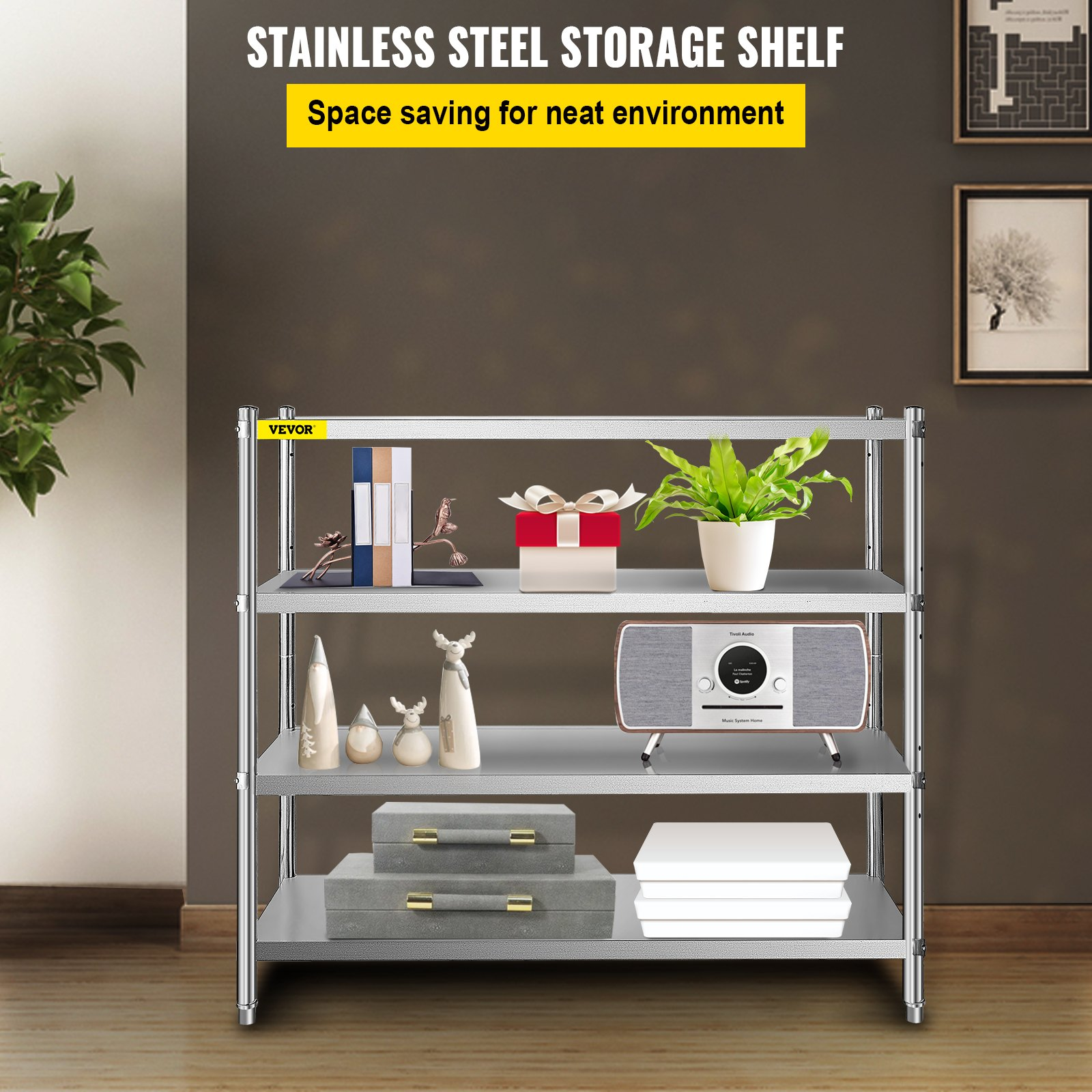 VEVOR Storage Shelf, 4-Tier Stainless Steel Shelving, Storage Shelving Unit, 70.9 x 17.7 x 59.1 Inch Heavy Duty Storage Rack Shelving, 1320 Lbs Total Capacity with Adjustable Height